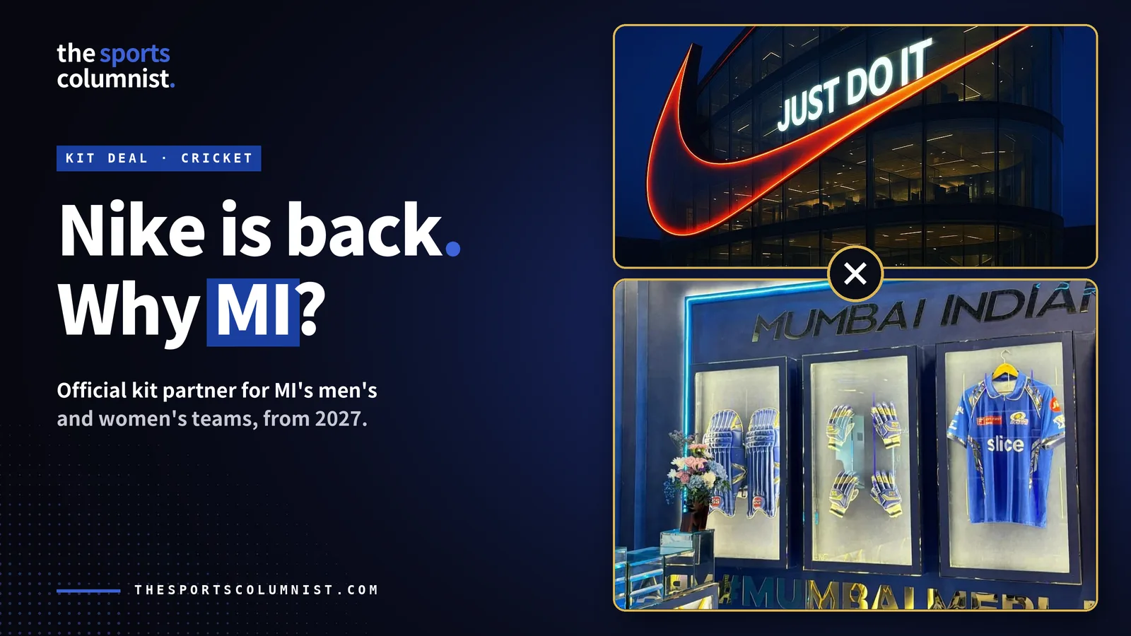 Banner reading “Nike is back. Why MI?” with a blue and gold cricket jersey in a lit display case and a kit-deal tag listing the partnership details