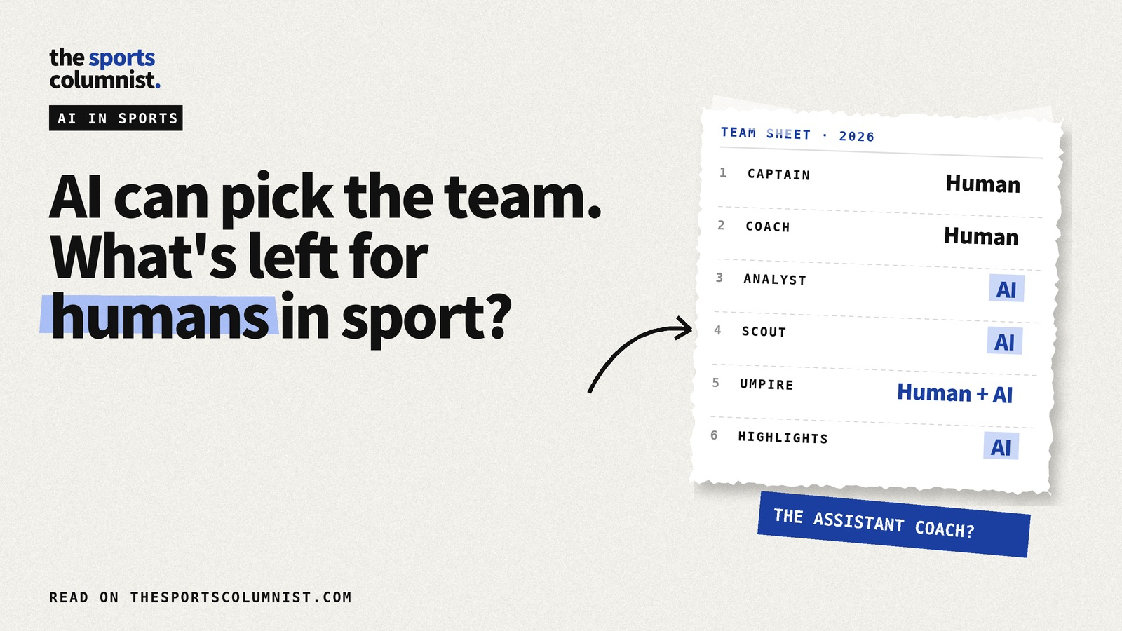 Collage banner reading “AI can pick the team. What’s left for humans in sport?” with a torn team sheet listing roles filled by humans and AI