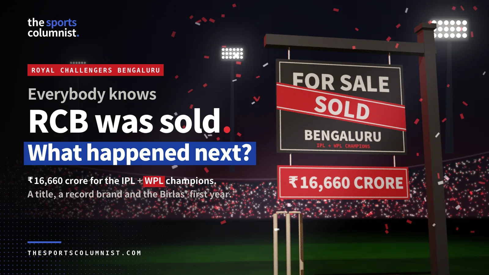 The Sports Columnist banner on the RCB sale showing a FOR SALE sign with a red SOLD sticker and a ₹16,660 CRORE board, planted on a cricket pitch beside the stumps in a floodlit stadium, with the headline "RCB is sold. The fans aren't."