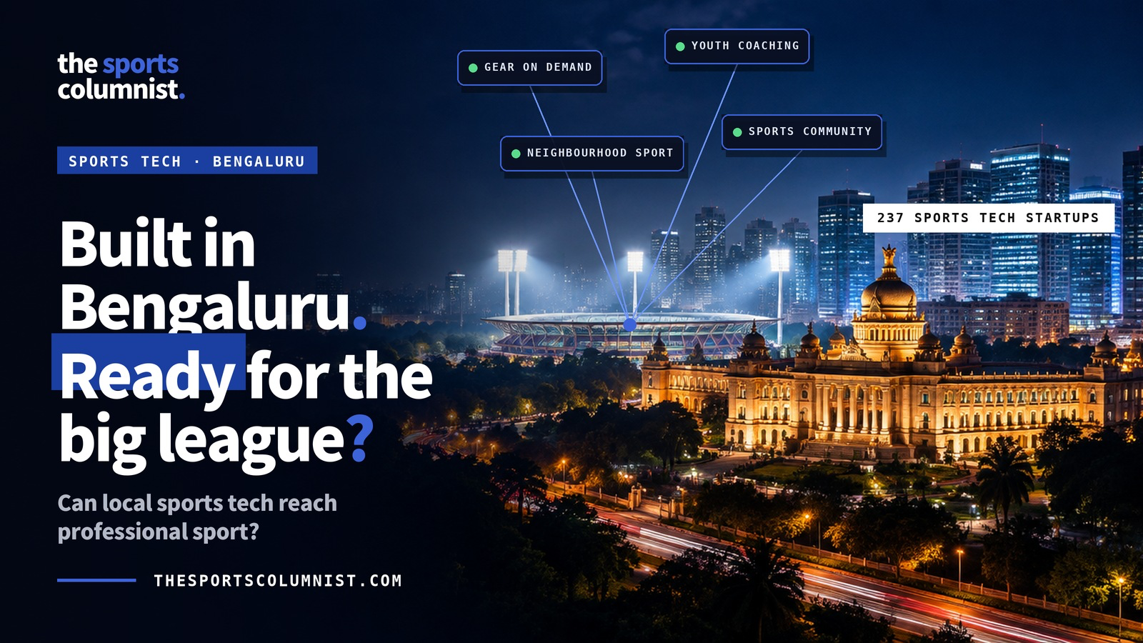 Banner reading “Built in Bengaluru. Ready for the big league?” over Bengaluru’s night skyline with the Vidhana Soudha, a floodlit stadium and startup cards linked to the stadium