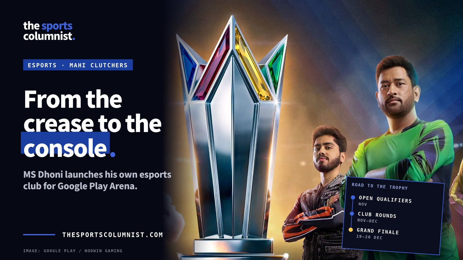 Banner reading “From the crease to the console.” with MS Dhoni beside the Google Play Arena trophy