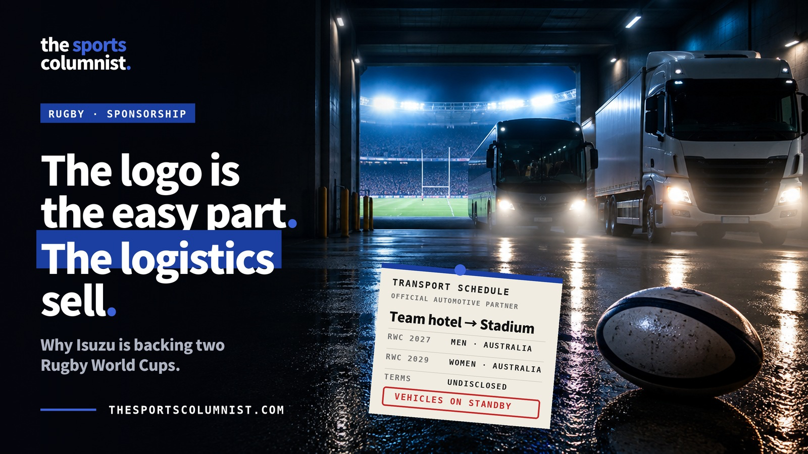 Banner reading “The logo is the easy part. The logistics sell.” with a team coach and a truck at a floodlit rugby stadium entrance, a rugby ball on wet ground and a transport schedule card